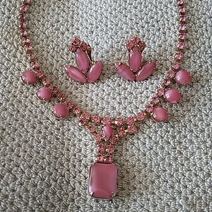 Vintage Pink Crystal and Gold Statement Necklace and Earring Set
